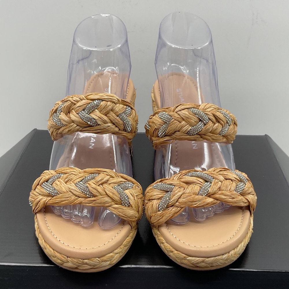 Stuart Weitzman Braided Raffia Crystal Wedge Sandals Natural Tan Women Size 8 - Picture 2 of 14